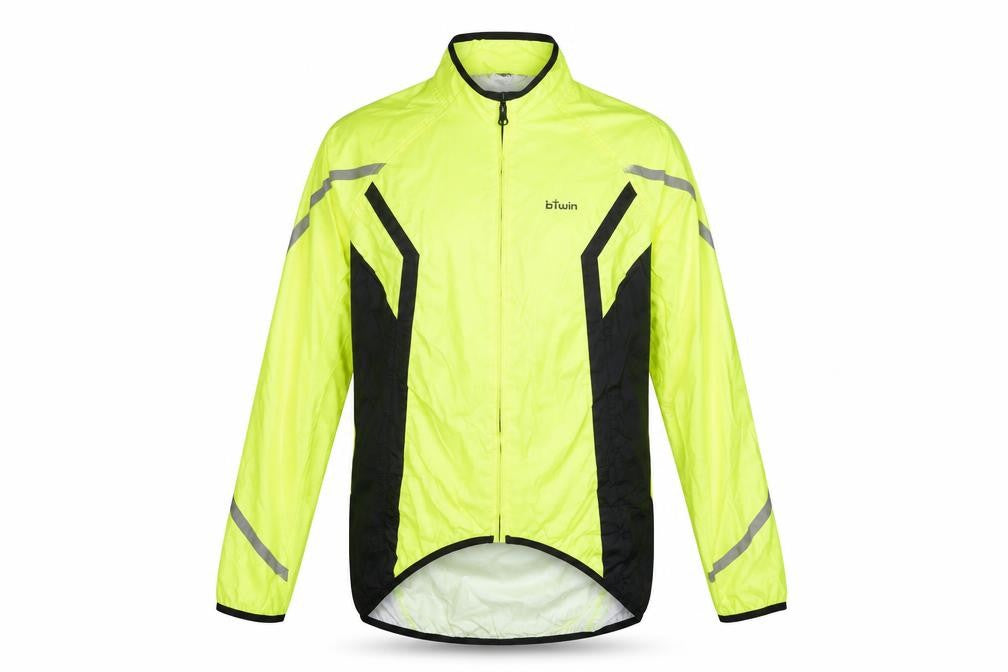 Front view of B'Twin Men's Yellow S Windbreaker Cycling Jacket Reflective Lightweight
