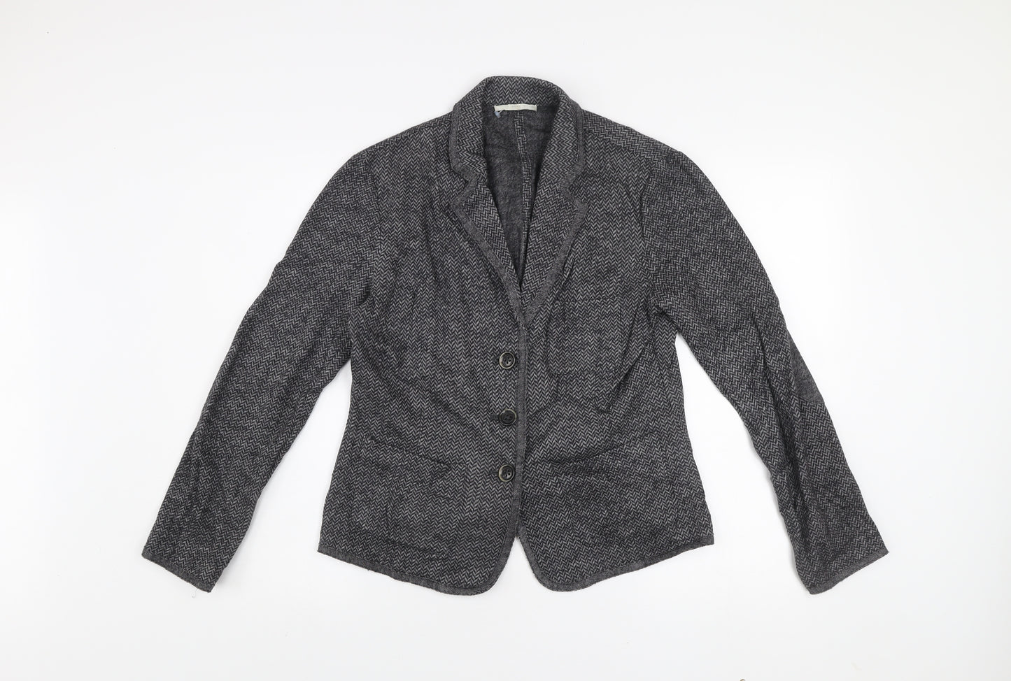 Brax Women's Grey Herringbone Wool Blend Blazer Size 12 Classic Style