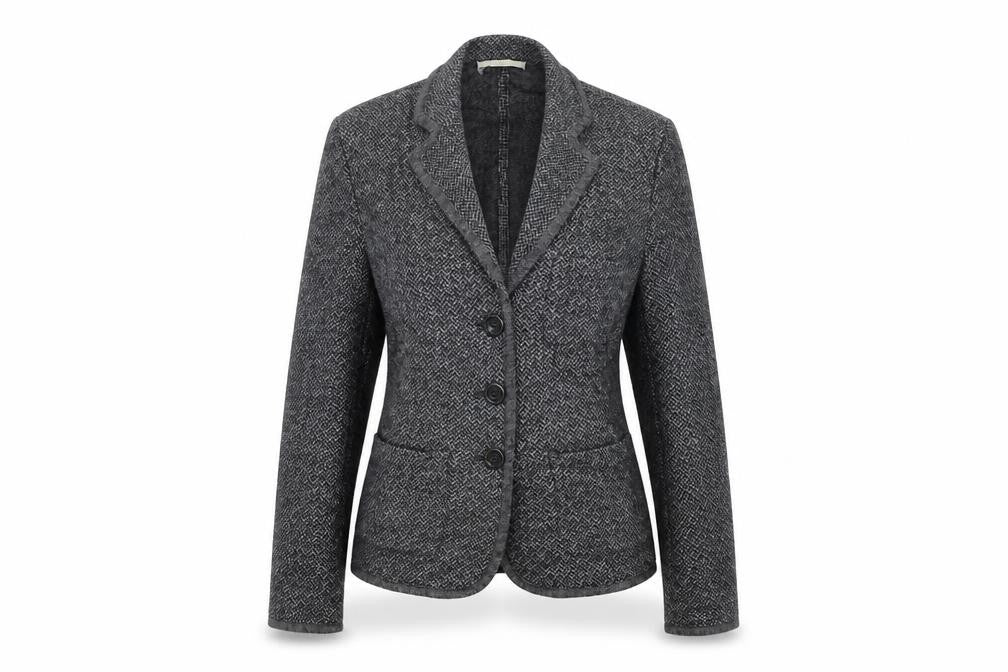 Front view of Brax Women's Grey Herringbone Wool Blend Blazer, size 12, Classic Style