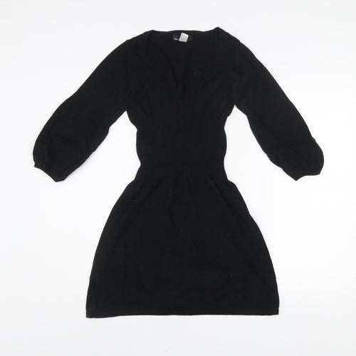 Mango Women Black Size 8 Fit & Flare Knit Dress 3/4 Sleeve