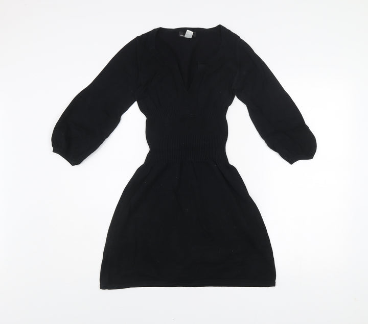 Mango Women Black Size 8 Fit & Flare Knit Dress 3/4 Sleeve