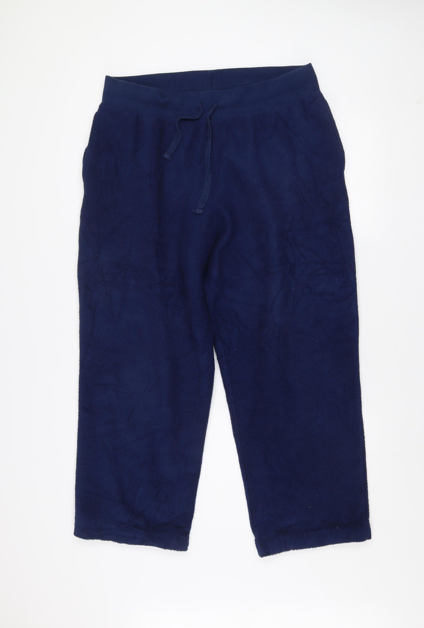 Lands’ End Men Navy Blue Fleece Jogger Trousers Size L Drawstring Waist