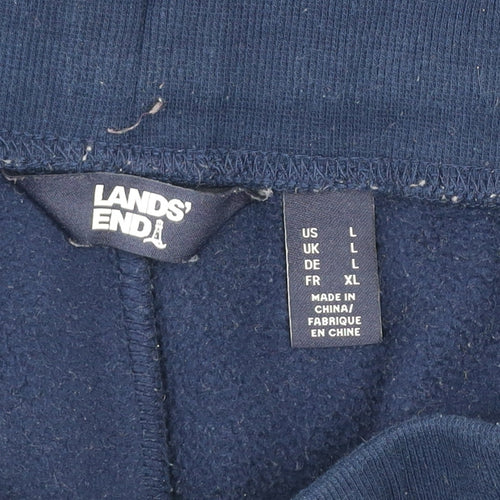 Lands’ End Men Navy Blue Fleece Jogger Trousers Size L Drawstring Waist