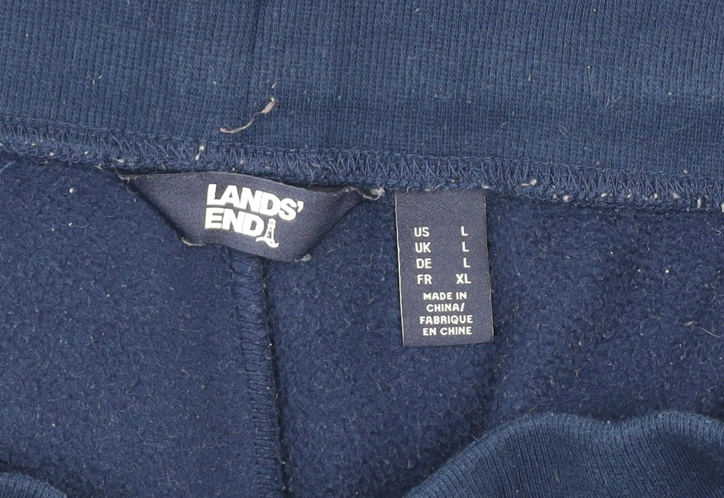Lands’ End Men Navy Blue Fleece Jogger Trousers Size L Drawstring Waist
