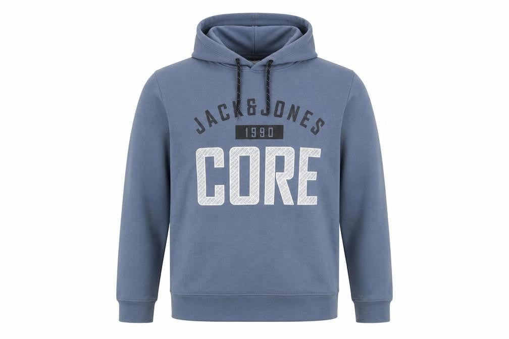 Front view of Jack & Jones men’s blue core hoodie, size M, pullover graphic print