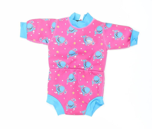 Front view of Water Babies unisex baby pink blue whale neoprene uv-sun suit small