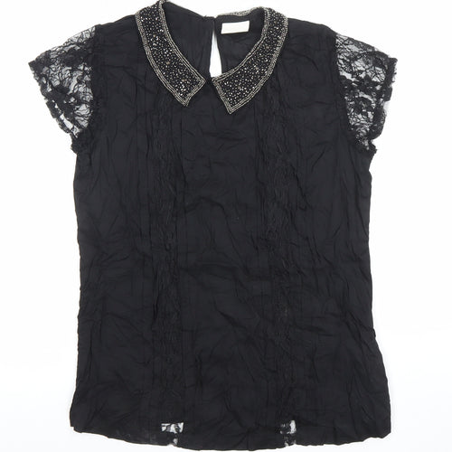 Women's Black Beaded Collar Lace Sleeve Chiffon Blouse Size M