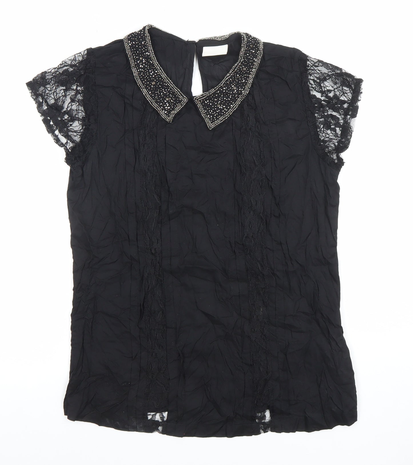 Women's Black Beaded Collar Lace Sleeve Chiffon Blouse Size M