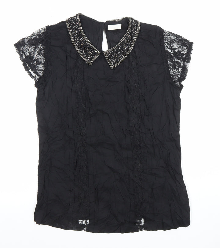 Women's Black Beaded Collar Lace Sleeve Chiffon Blouse Size M