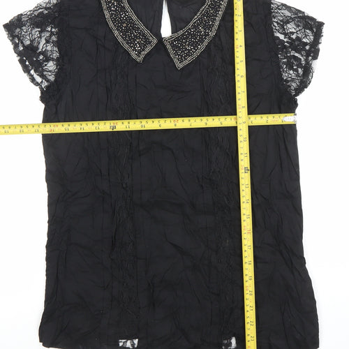 Women's Black Beaded Collar Lace Sleeve Chiffon Blouse Size M