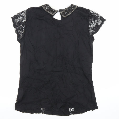 Women's Black Beaded Collar Lace Sleeve Chiffon Blouse Size M