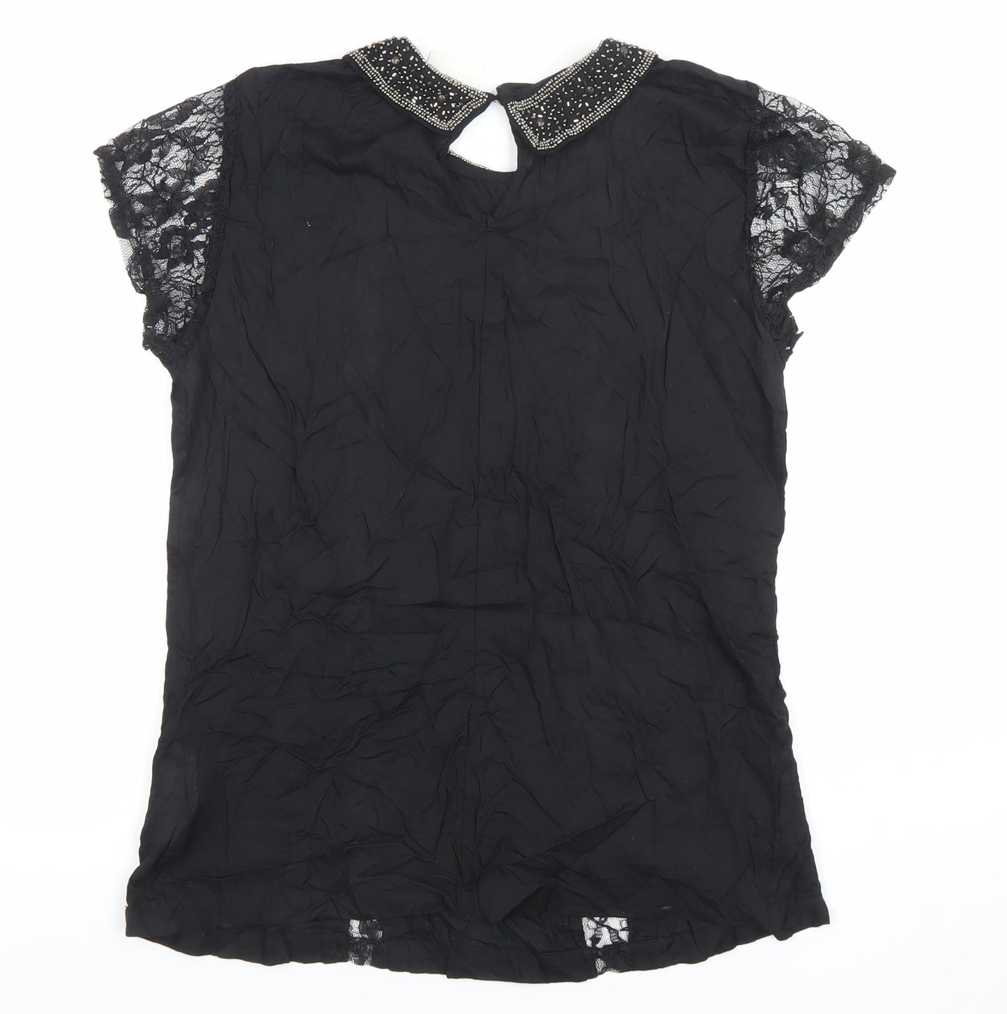 Women's Black Beaded Collar Lace Sleeve Chiffon Blouse Size M