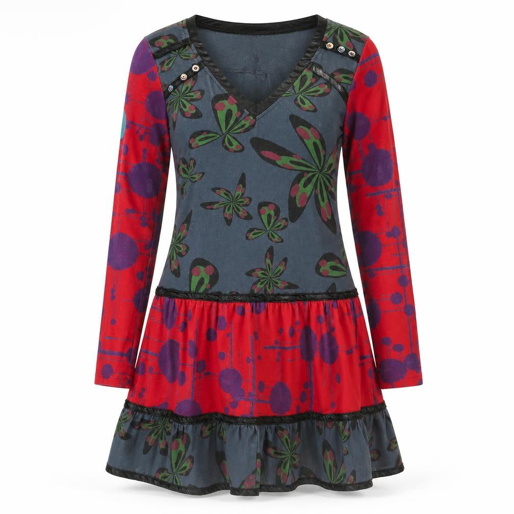 Front view of Smash Women's Multicoloured M A-Line Long Sleeve Jersey Dress
