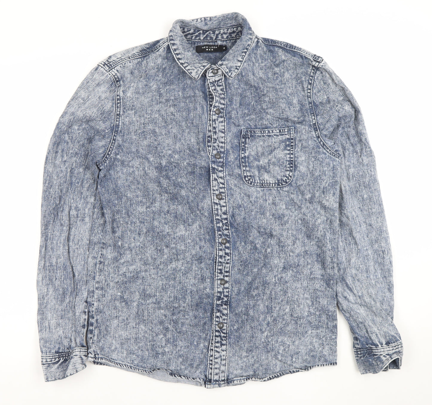 New Look Men Blue Denim Long Sleeve Button-Up Shirt M