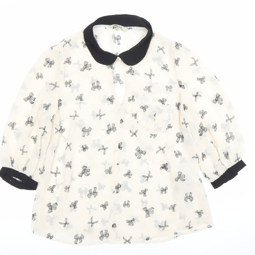 New Look Women’s Ivory Bow Print Sheer Chiffon Blouse UK 12