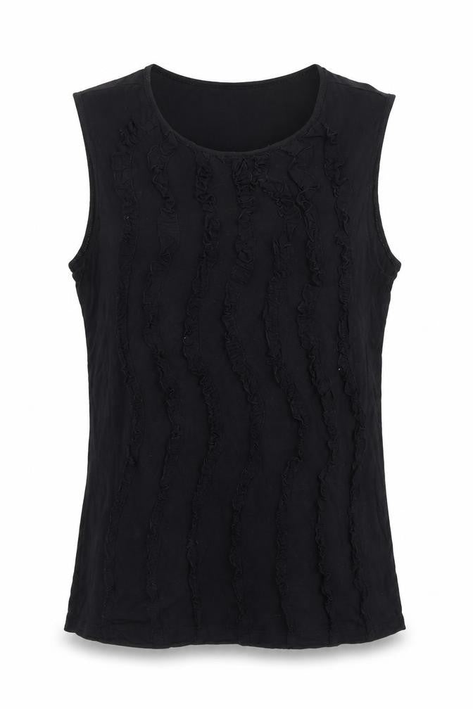 Front view of Design History Women's Black Sleeveless Ruffle Tank Top, size 12