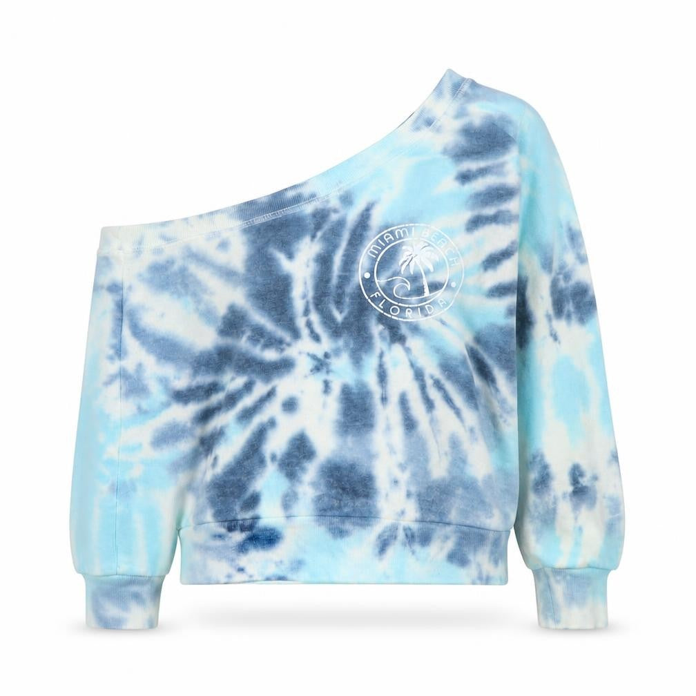 Front view of Ocean Drive Women Blue Tie Dye One Shoulder Sweatshirt, size S