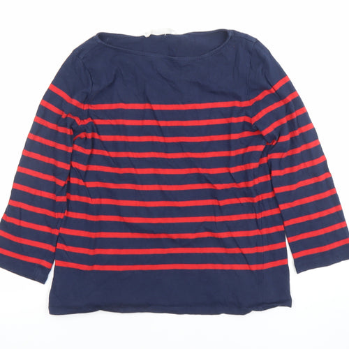 MNG Women Navy Red Striped 3/4 Sleeve Cotton Boat Neck Top Size S