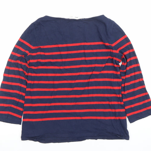 MNG Women Navy Red Striped 3/4 Sleeve Cotton Boat Neck Top Size S