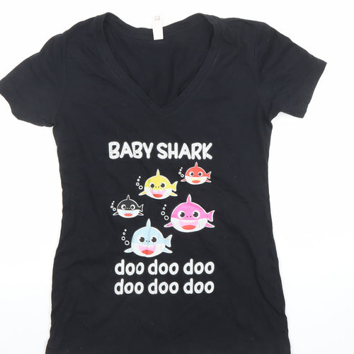 Ideal by Next Level Women's Black Baby Shark V-Neck Cotton T-Shirt Size S