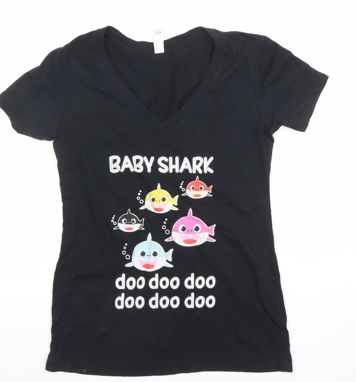 Ideal by Next Level Women's Black Baby Shark V-Neck Cotton T-Shirt Size S