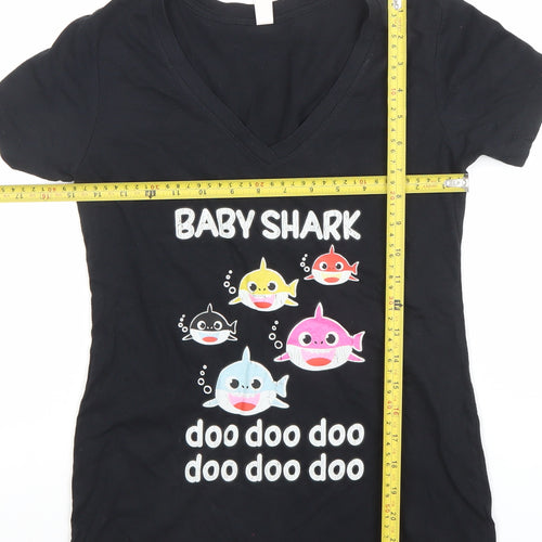 Ideal by Next Level Women's Black Baby Shark V-Neck Cotton T-Shirt Size S