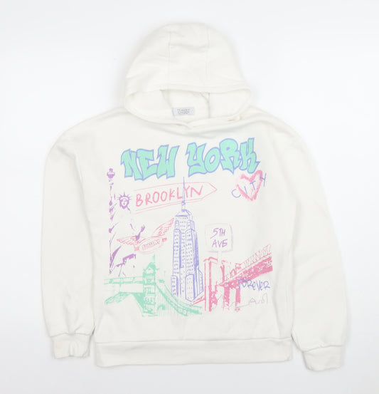Primark Boys White Graphic Print Hoodie 10-11 Years Pullover Cotton Blend