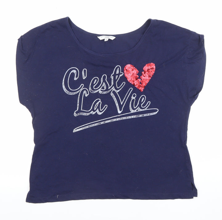 LOOK Women's Blue Size 14 Cropped Sequin Slogan T-Shirt