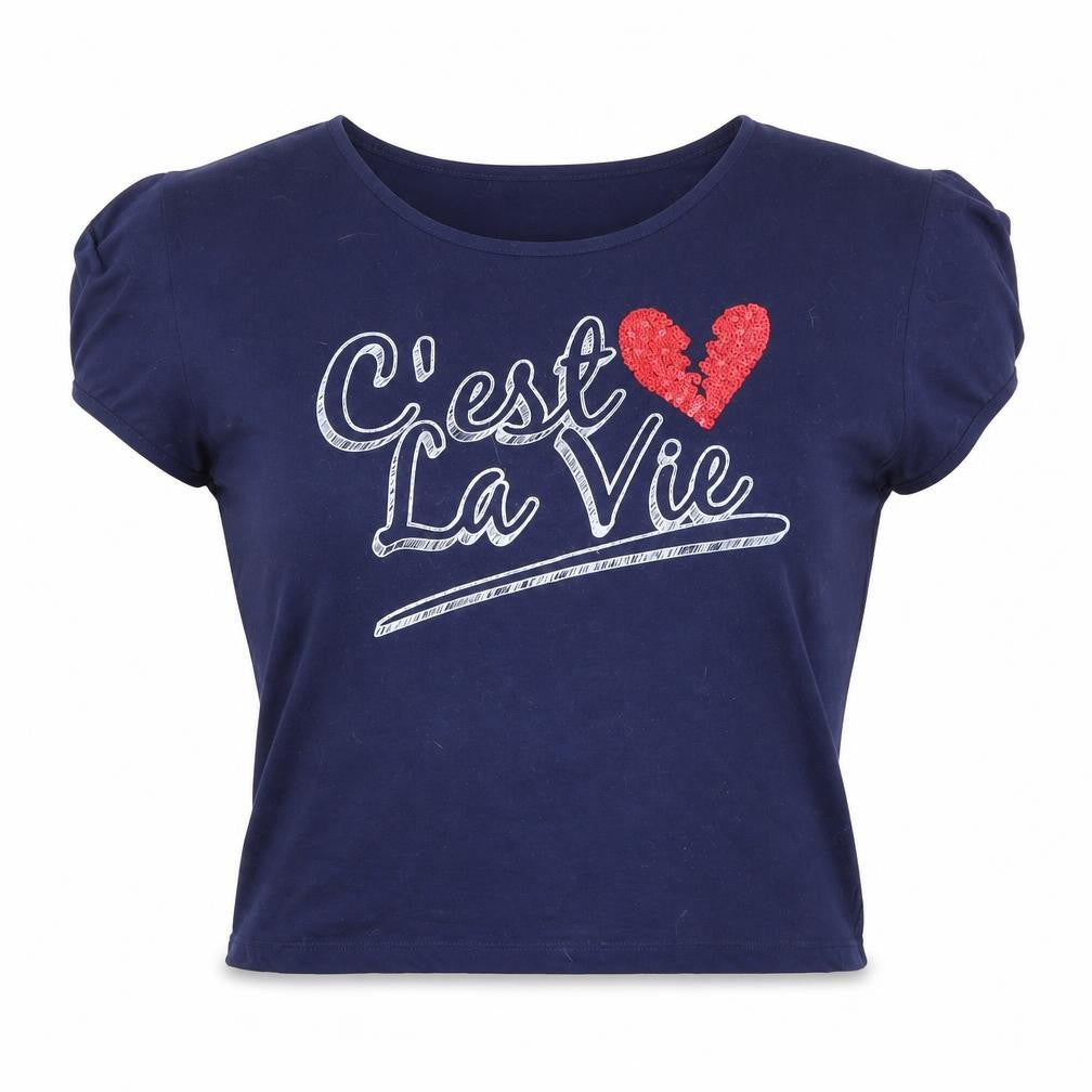 Front view of LOOK Women's Blue, size 14, Cropped Sequin Slogan T-Shirt