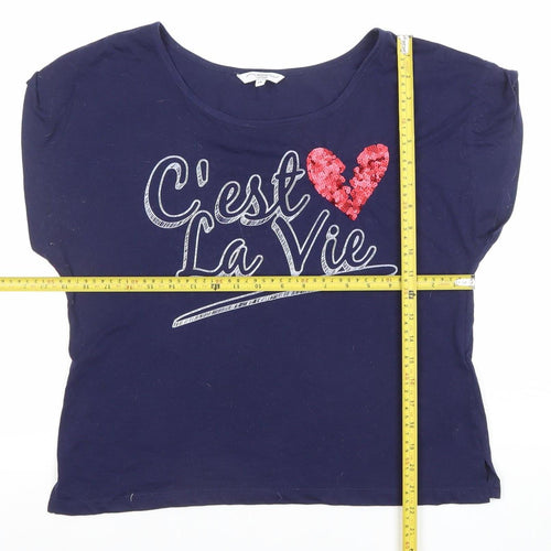 LOOK Women's Blue Size 14 Cropped Sequin Slogan T-Shirt