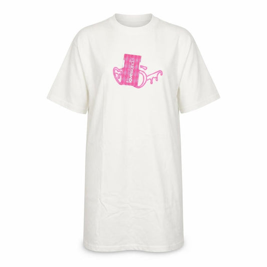 Front view of Love Island Women’s White Cotton T-Shirt Dress, size S, Crew Neck Short Sleeve