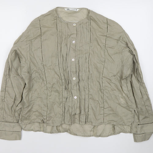ZARA Women Beige Cotton Long Sleeve Button Blouse Size S