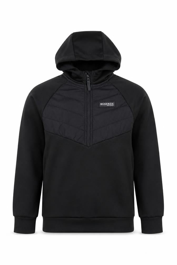 Front view of McKenzie boys’ black 8-10 years 1/2 zip hooded pullover sweatshirt