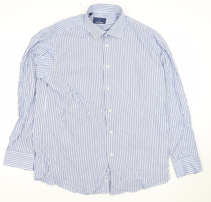 Daniel Hechter Men's Blue Striped 17in Regular Fit Cotton Long Sleeve Shirt