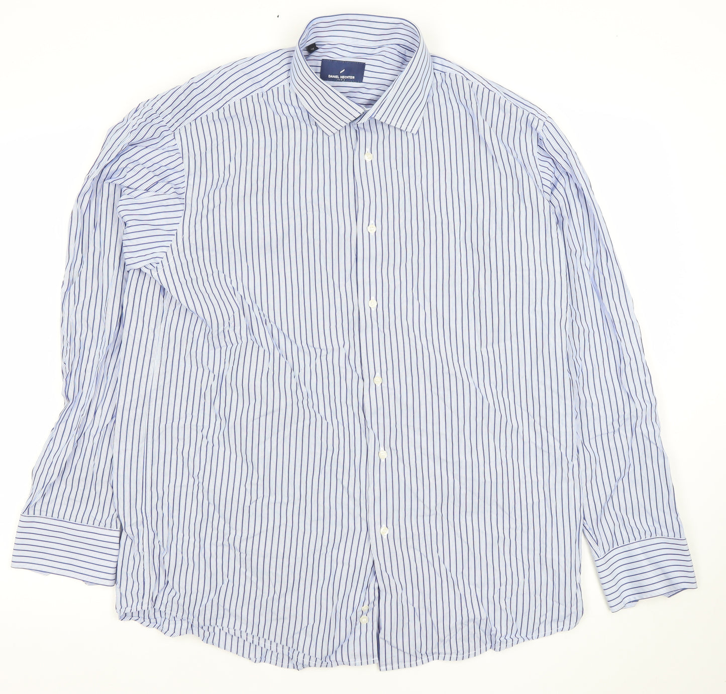 Daniel Hechter Men's Blue Striped 17in Regular Fit Cotton Long Sleeve Shirt