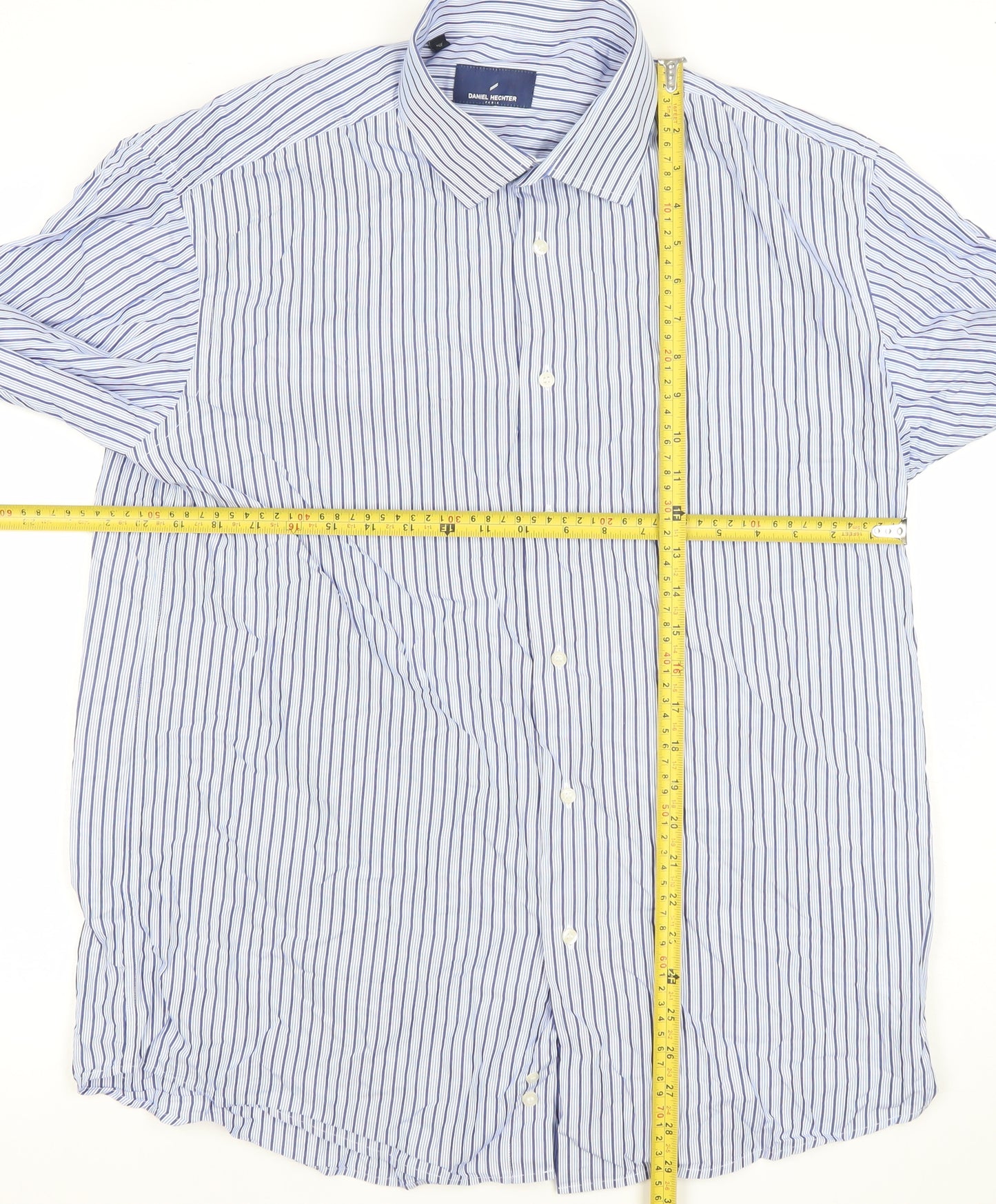 Daniel Hechter Men's Blue Striped 17in Regular Fit Cotton Long Sleeve Shirt