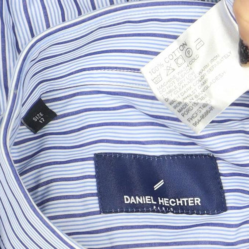 Daniel Hechter Men's Blue Striped 17in Regular Fit Cotton Long Sleeve Shirt