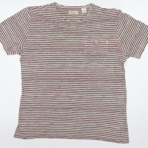 Farah Men's Beige and Brown Striped Crew Neck Cotton T-Shirt XS