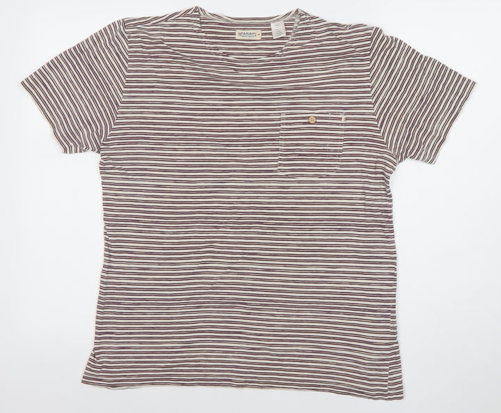 Farah Men's Beige and Brown Striped Crew Neck Cotton T-Shirt XS