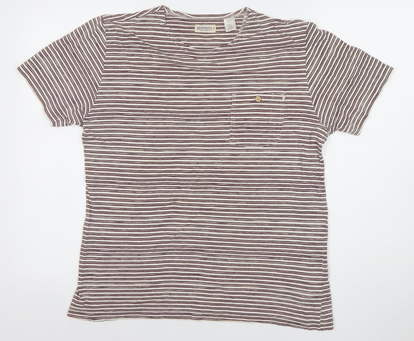 Farah Men's Beige and Brown Striped Crew Neck Cotton T-Shirt XS