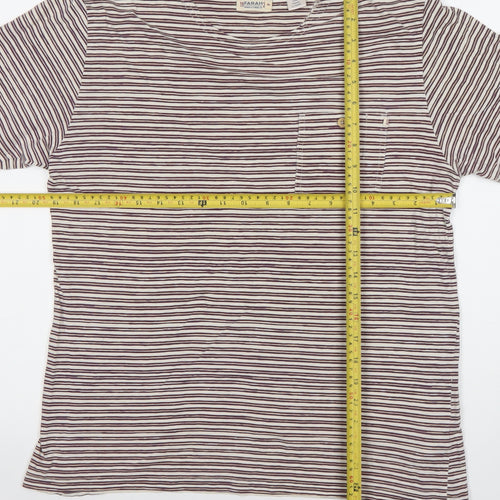 Farah Men's Beige and Brown Striped Crew Neck Cotton T-Shirt XS