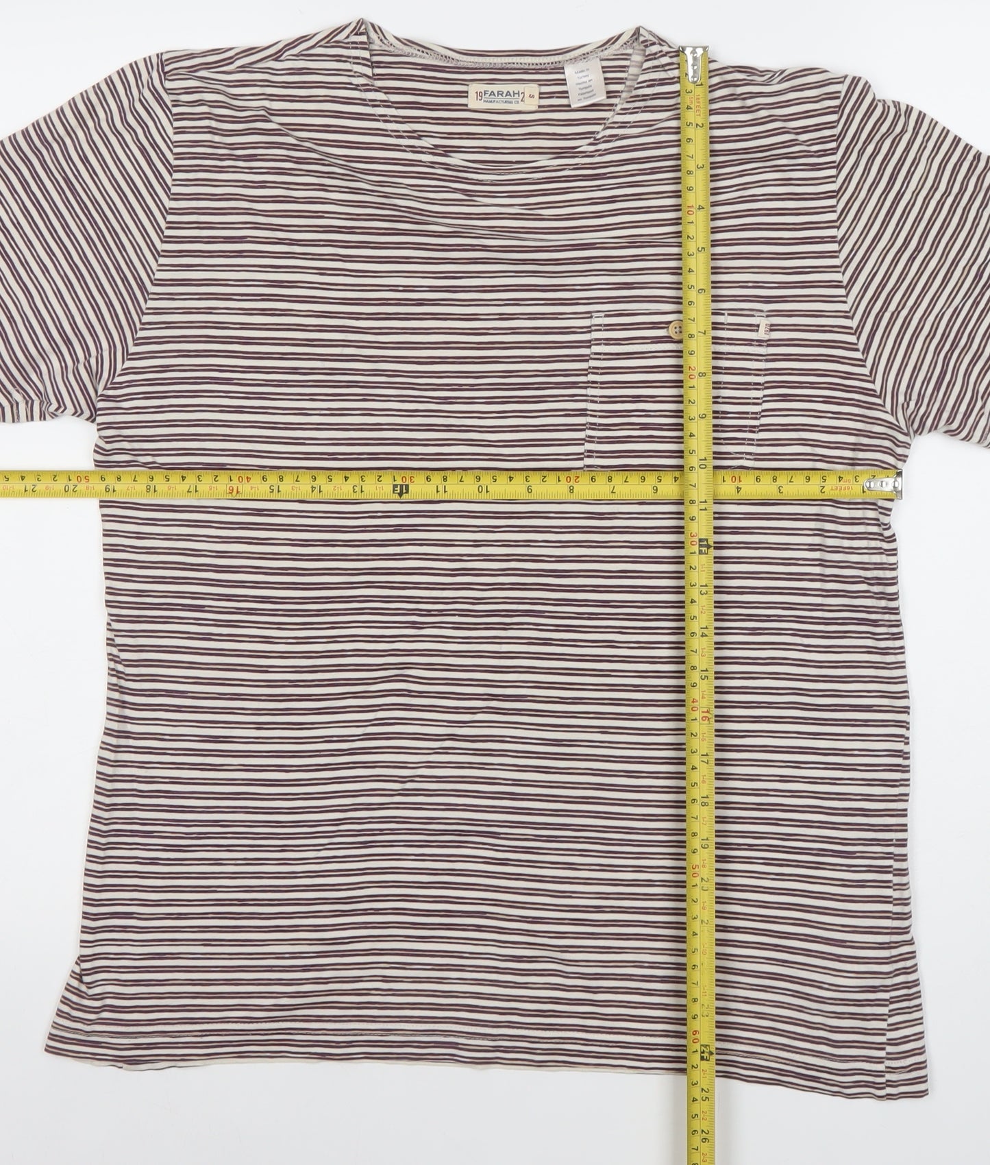Farah Men's Beige and Brown Striped Crew Neck Cotton T-Shirt XS