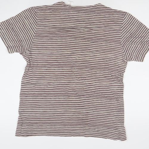 Farah Men's Beige and Brown Striped Crew Neck Cotton T-Shirt XS