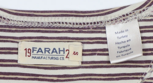 Farah Men's Beige and Brown Striped Crew Neck Cotton T-Shirt XS