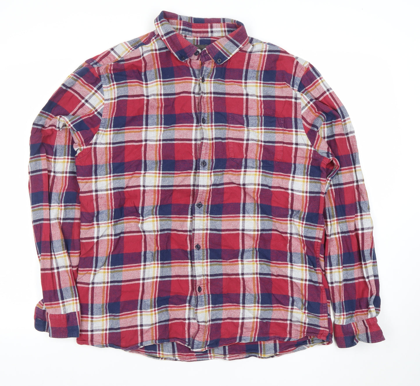 Marks and Spencer Men's Red Blue Checked Cotton Button-Up Shirt Large