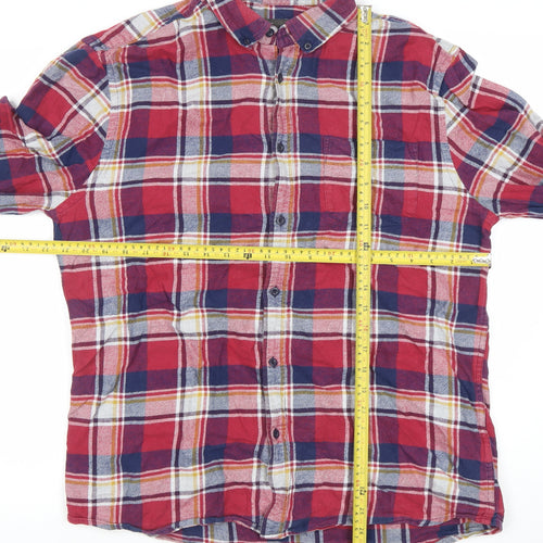 Marks and Spencer Men's Red Blue Checked Cotton Button-Up Shirt Large