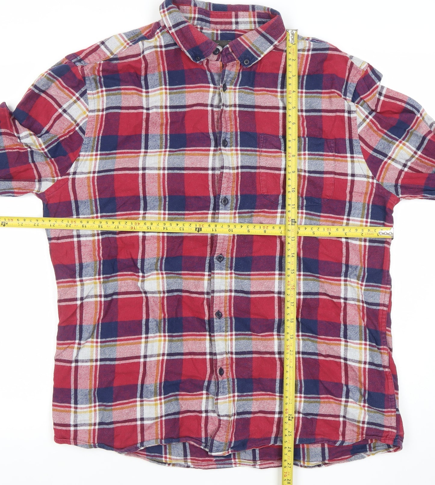 Marks and Spencer Men's Red Blue Checked Cotton Button-Up Shirt Large