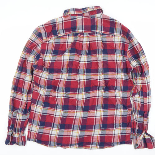 Marks and Spencer Men's Red Blue Checked Cotton Button-Up Shirt Large