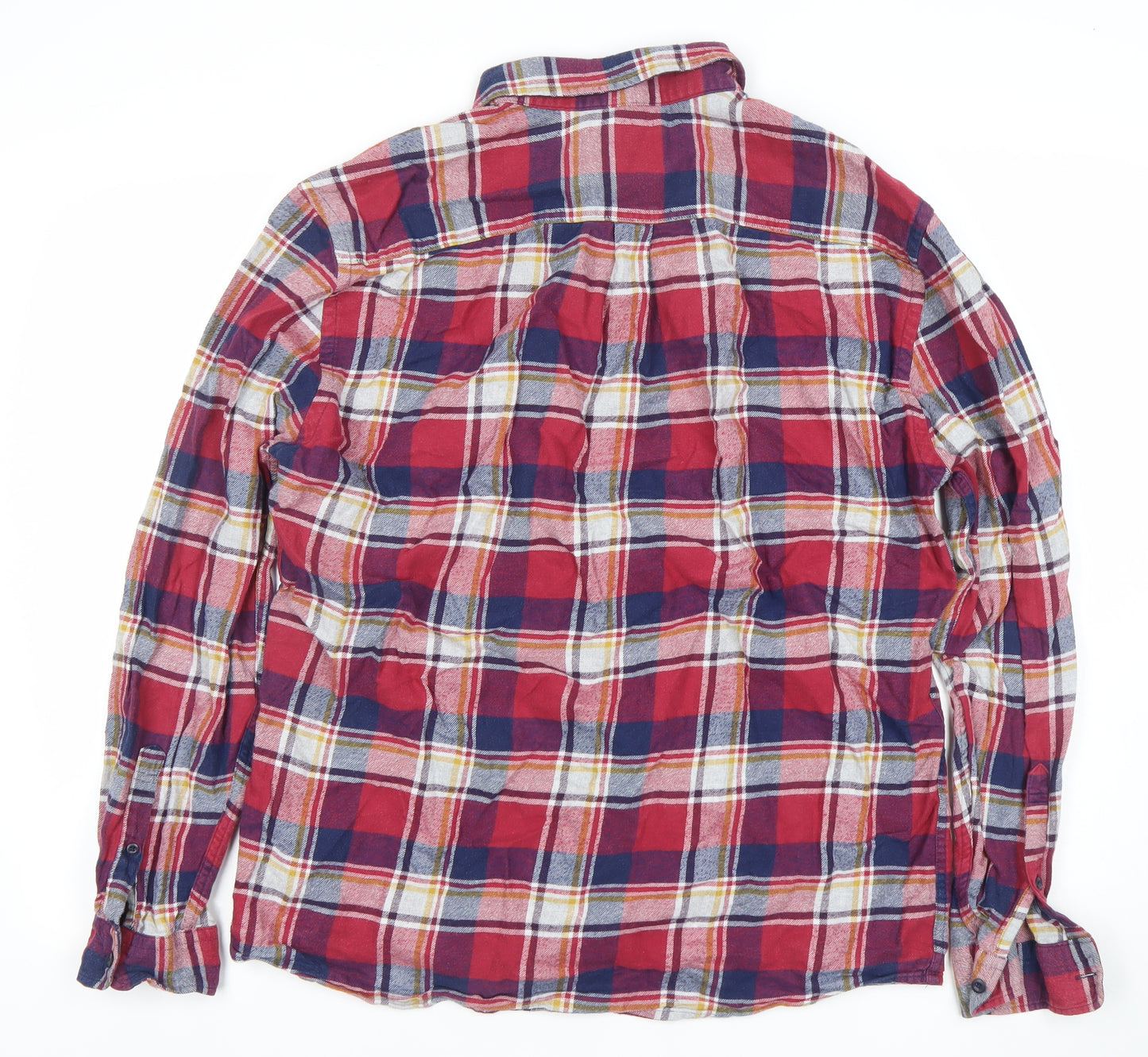 Marks and Spencer Men's Red Blue Checked Cotton Button-Up Shirt Large