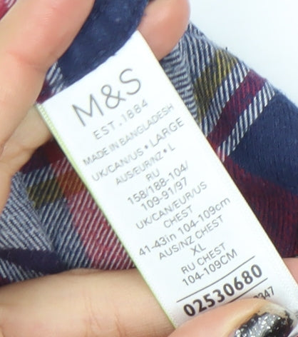 Marks and Spencer Men's Red Blue Checked Cotton Button-Up Shirt Large